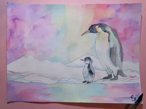 AQUARELLE PINGOUINS SUR LA BANQUISE